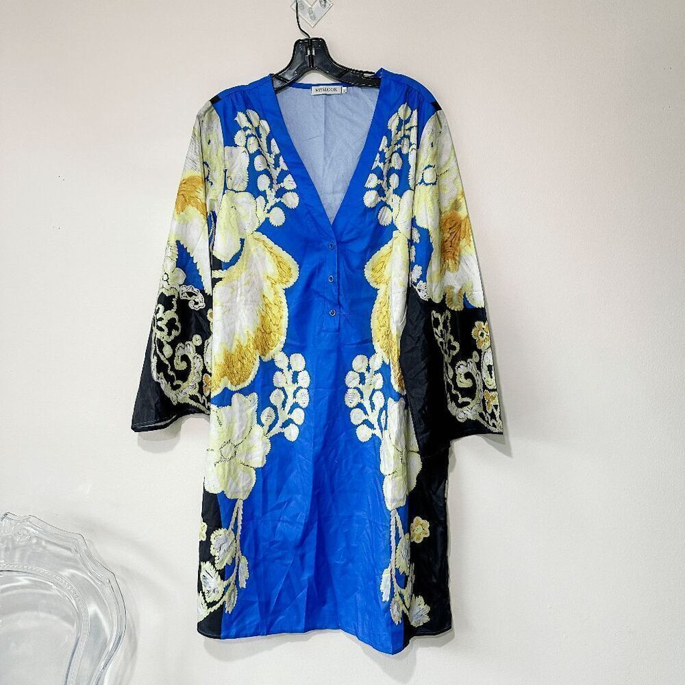 Brand New Women's Tunic Dress Cute Floral Printed Deep V Neck Long Sleeve Casual - Picture 6 of 10